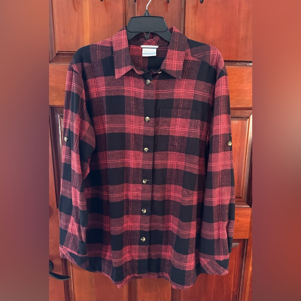 Columbia Size Large Pink & Black Plaid Shirt Tunic NWT